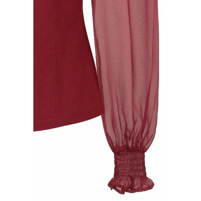 Burgundy Retro 50s Long Sleeve Romantic Blouse