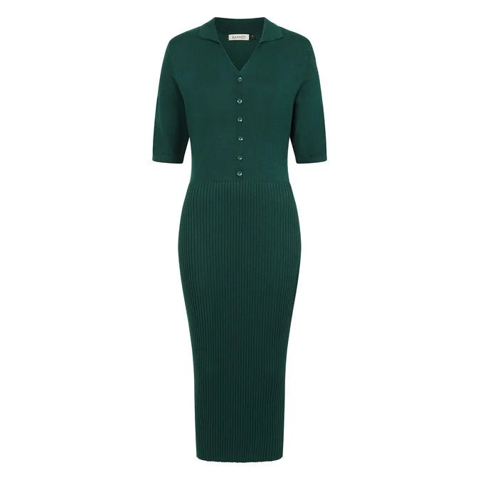 Classic Knitted Dark Green Short Sleeve Ribbed Wiggle Pencil Dress