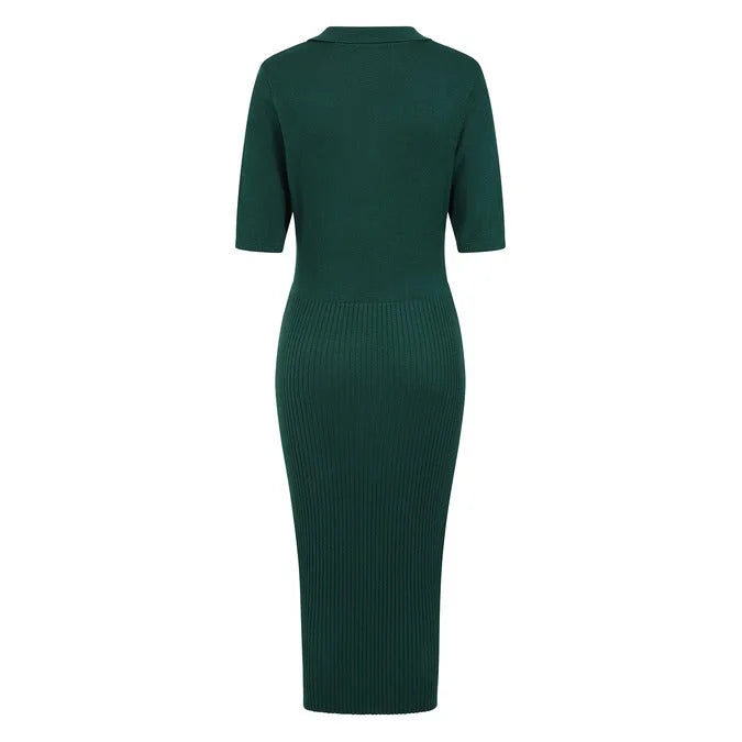 Classic Knitted Dark Green Short Sleeve Ribbed Wiggle Pencil Dress