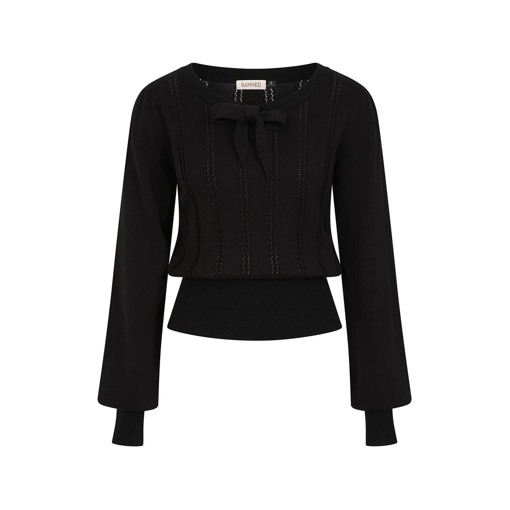 Black Long Sleeve Crew Neck Pointelle Top Jumper
