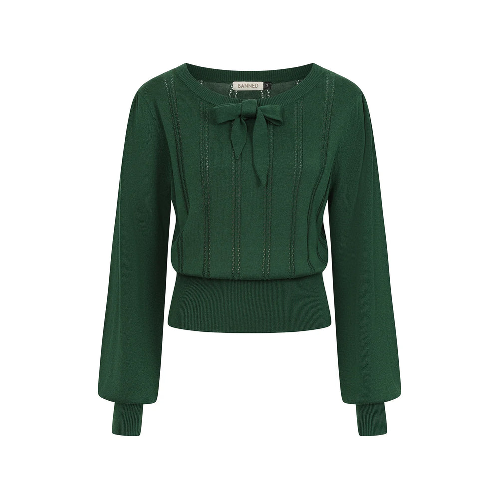 Dark Green Long Sleeve Crew Neck Pointelle Top Jumper