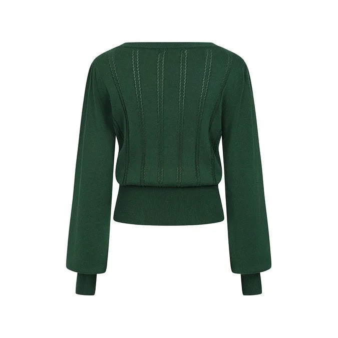Dark Green Long Sleeve Crew Neck Pointelle Top Jumper