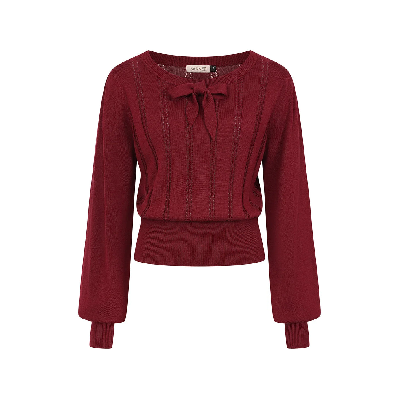 Burgundy Long Sleeve Crew Neck Pointelle Top Jumper - Pretty Kitty Fashion