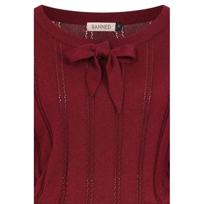 Burgundy Long Sleeve Crew Neck Pointelle Top Jumper