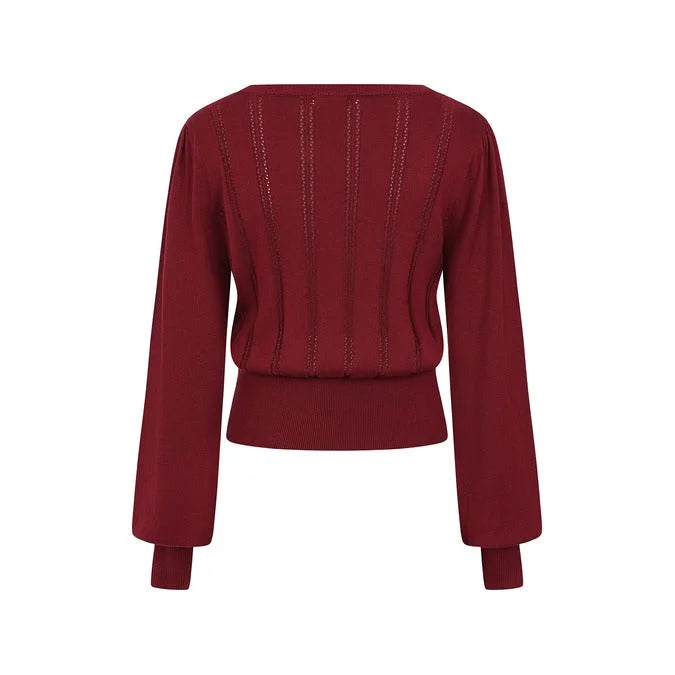 Burgundy Long Sleeve Crew Neck Pointelle Top Jumper