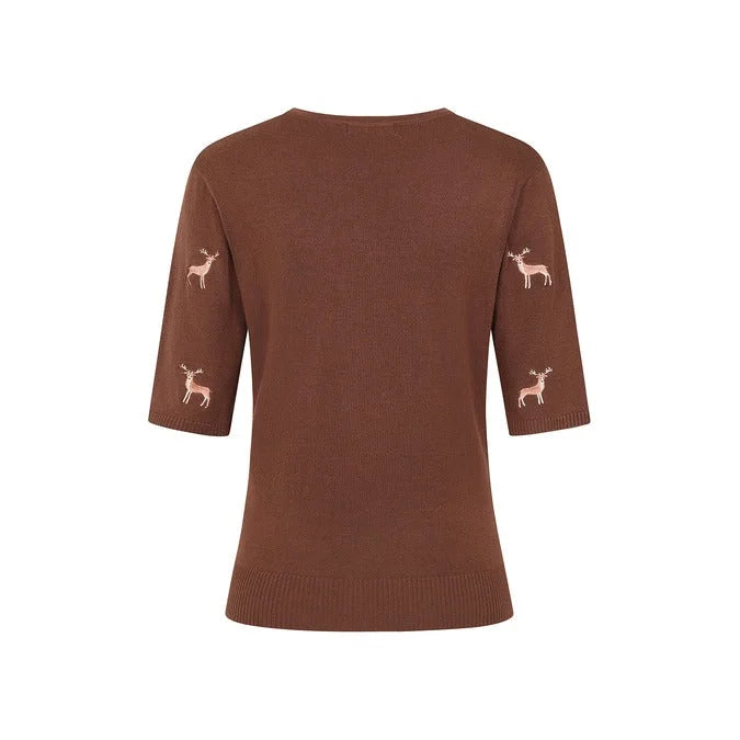 Brown Winter Reindeer 1/2 Sleeve Knitted Christmas Jumper