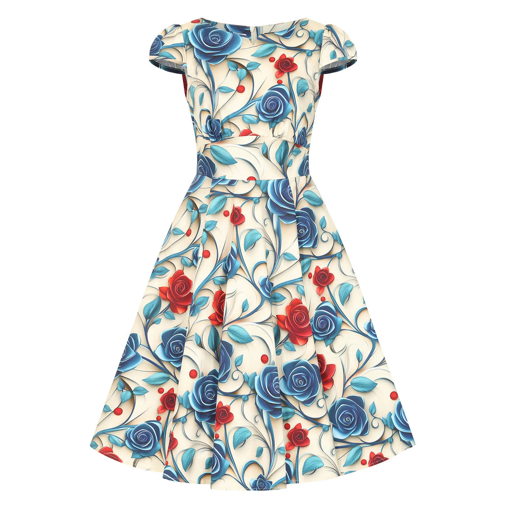 Cream Summer Blossom 3D Floral Print Rockabilly 50s Swing Dress