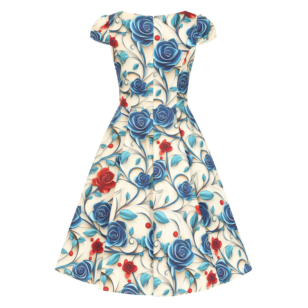 Cream Summer Blossom 3D Floral Print Rockabilly 50s Swing Dress