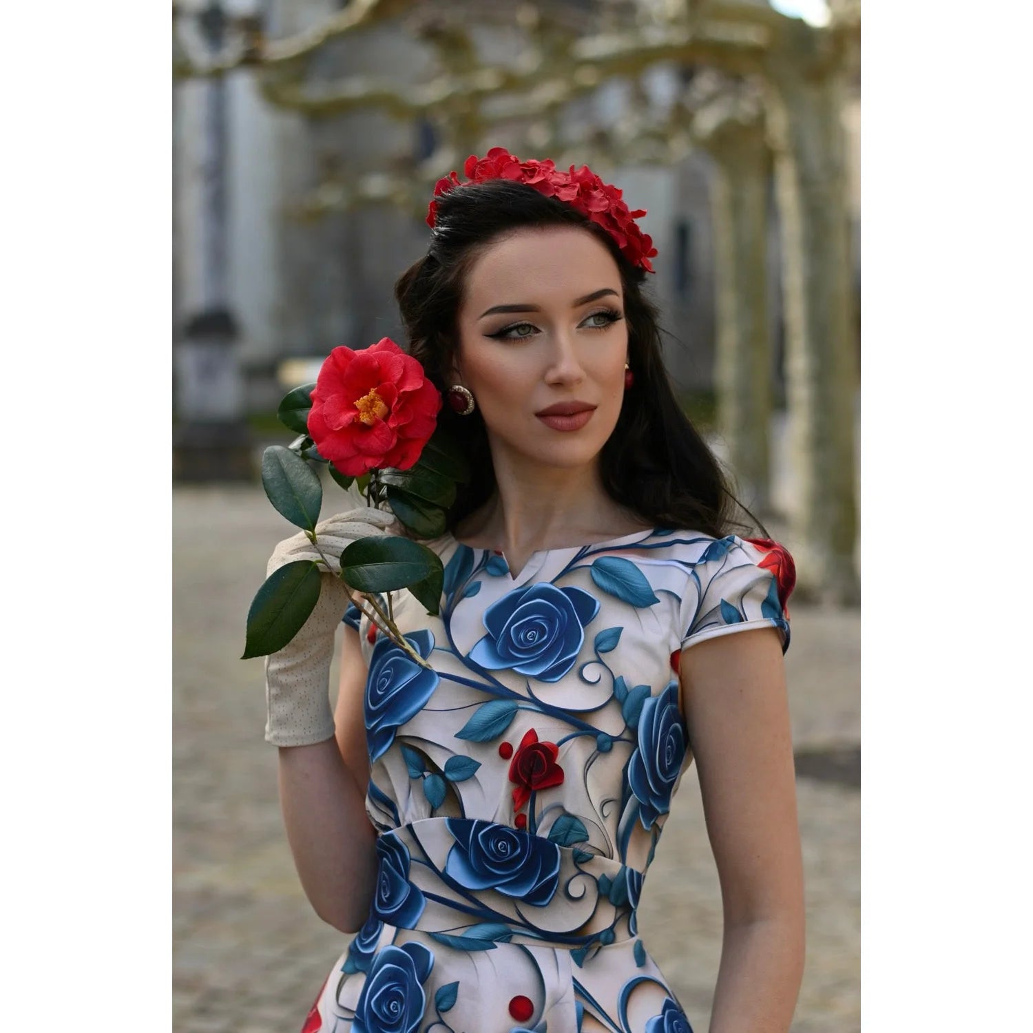 Cream, Blue And Red Summer Blossom 3D Floral Print Rockabilly 50s Swing Dress