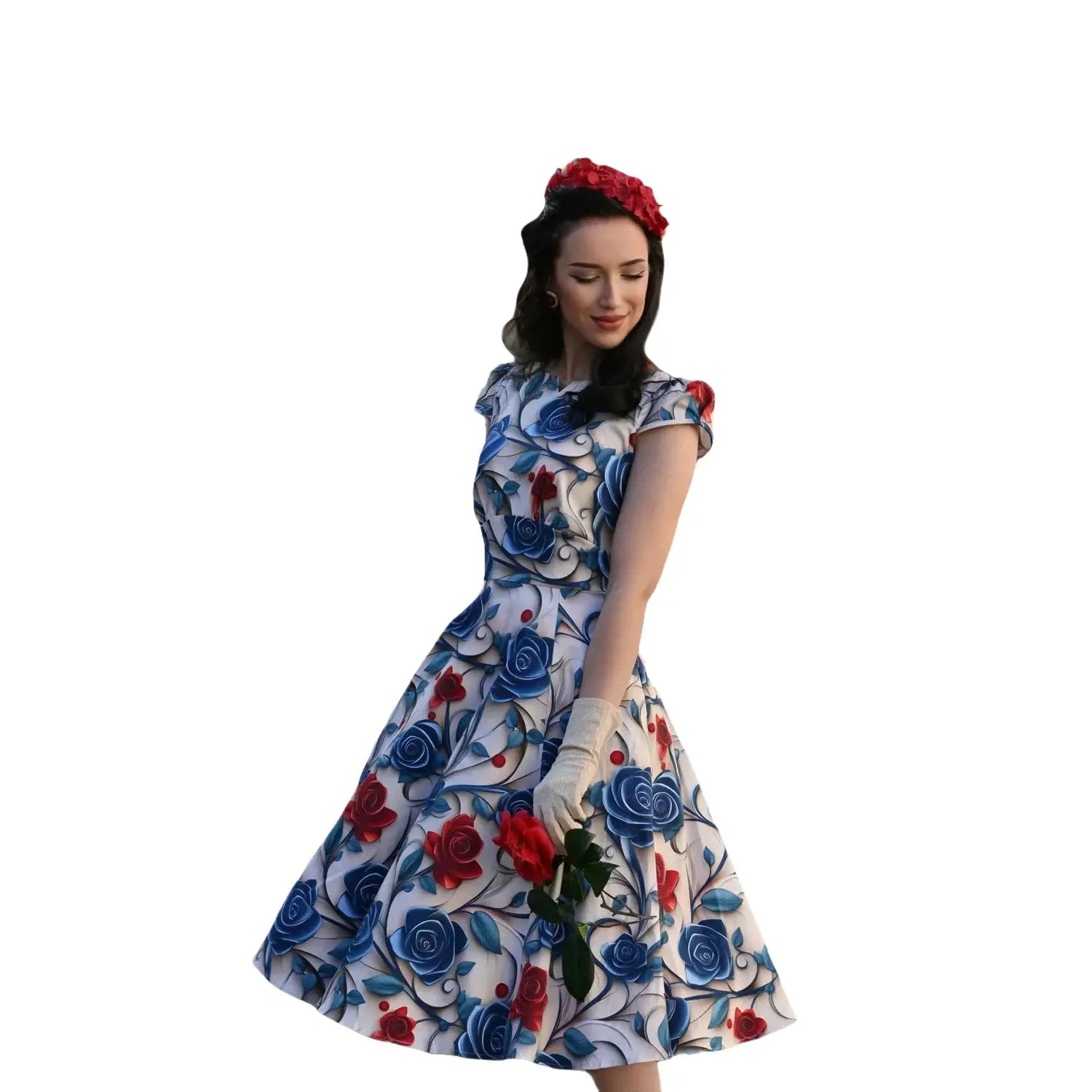 Cream, Blue And Red Summer Blossom 3D Floral Print Rockabilly 50s Swing Dress