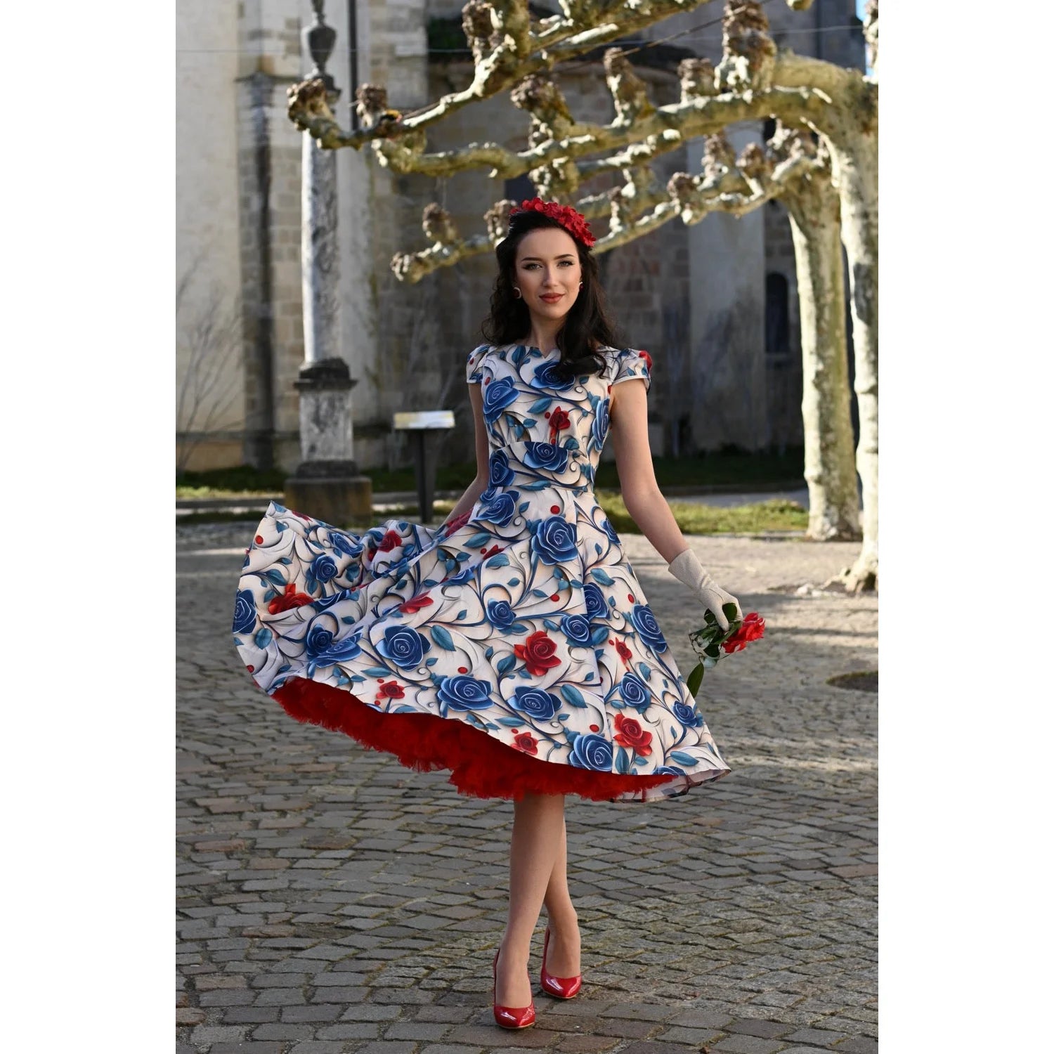 Cream, Blue And Red Summer Blossom 3D Floral Print Rockabilly 50s Swing Dress