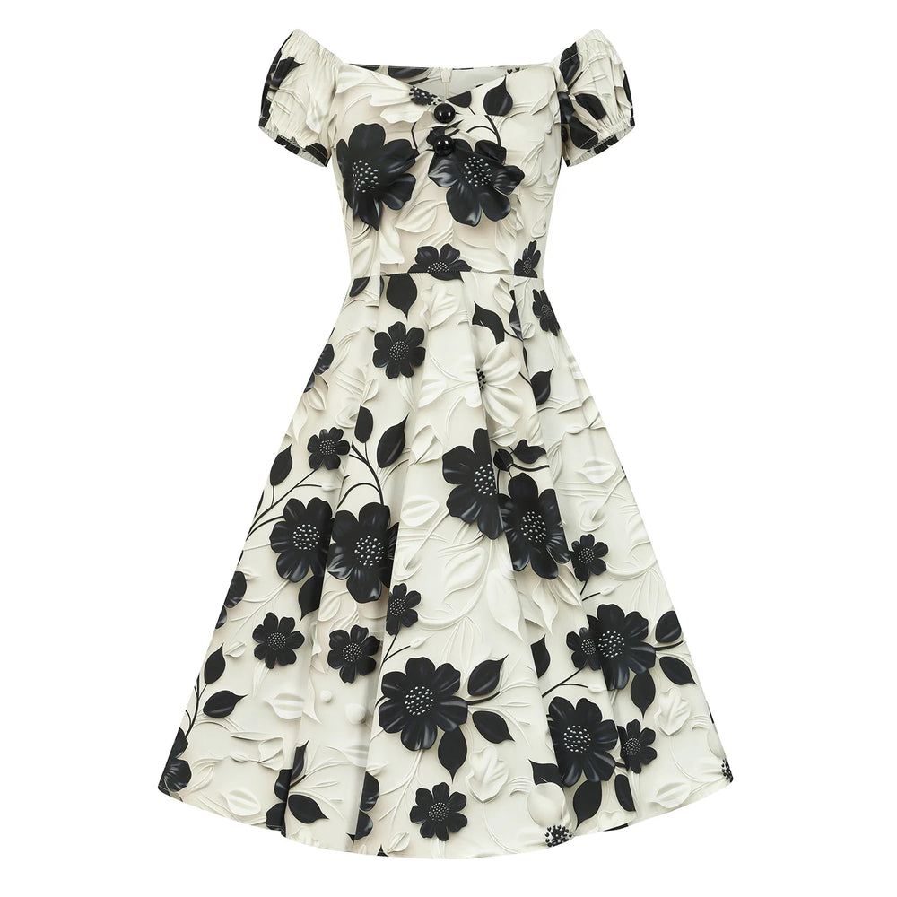 Silver Cream Black 3D Floral Print Rockabilly 50s Swing Dress