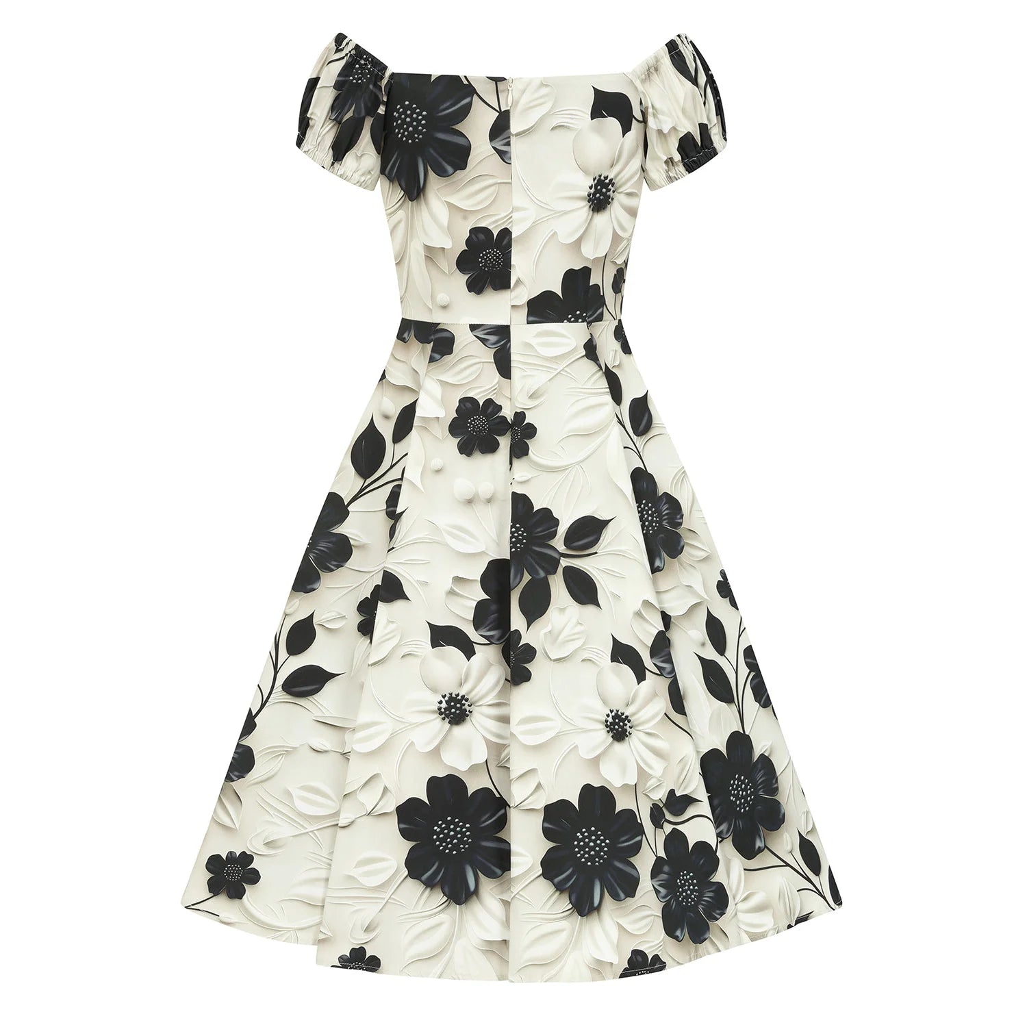 Silver Cream Black 3D Floral Print Rockabilly 50s Swing Dress