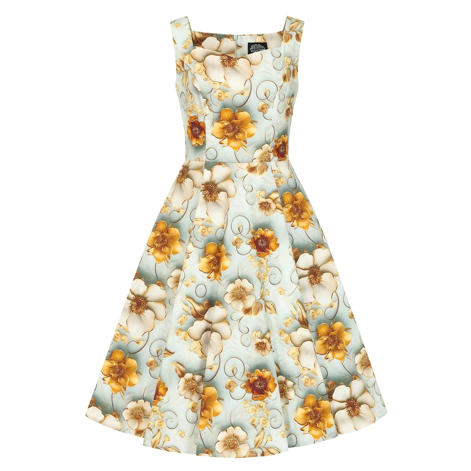 Blue With Gold Cream 3D Floral Print Rockabilly 50s Swing Dress