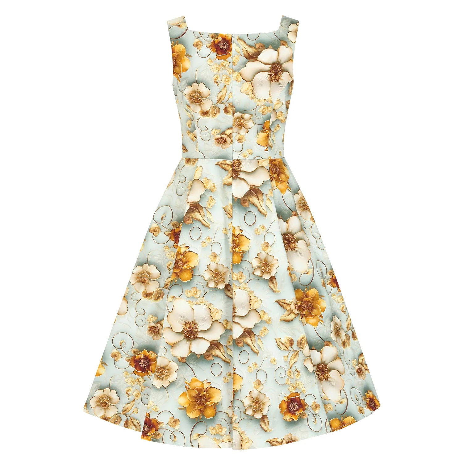 Blue With Gold Cream 3D Floral Print Rockabilly 50s Swing Dress