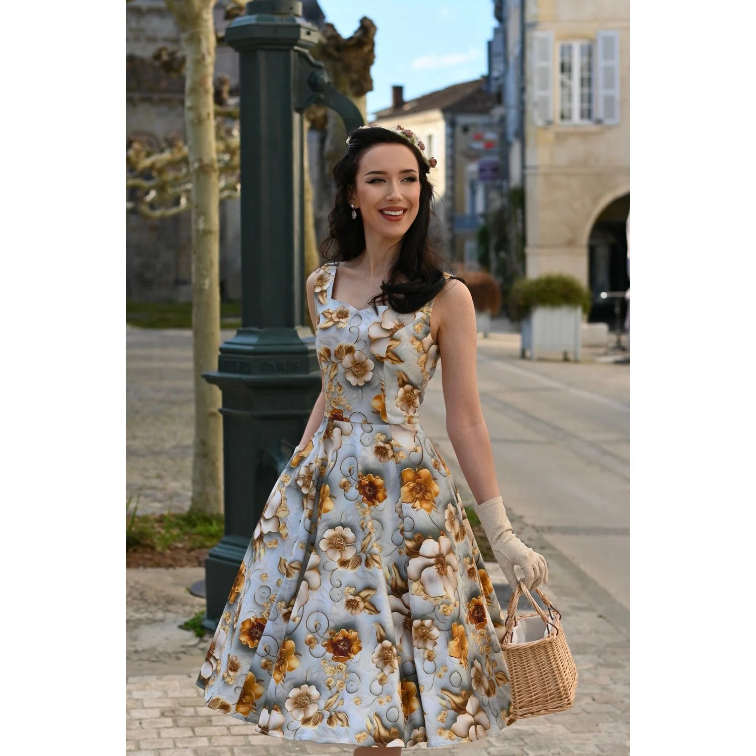 Blue With Gold Cream 3D Floral Print Rockabilly 50s Swing Dress