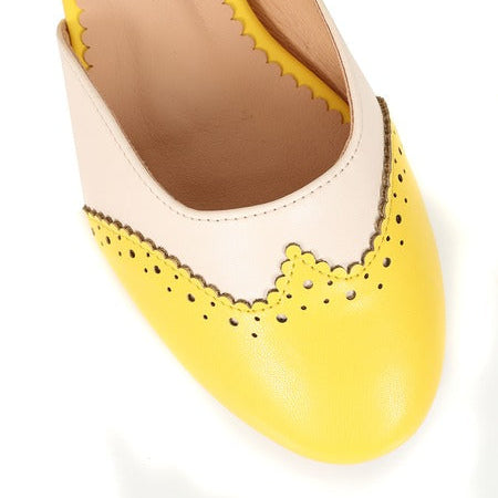 Two Tone Yellow And White Brogue Closed Toe Flat Sandal