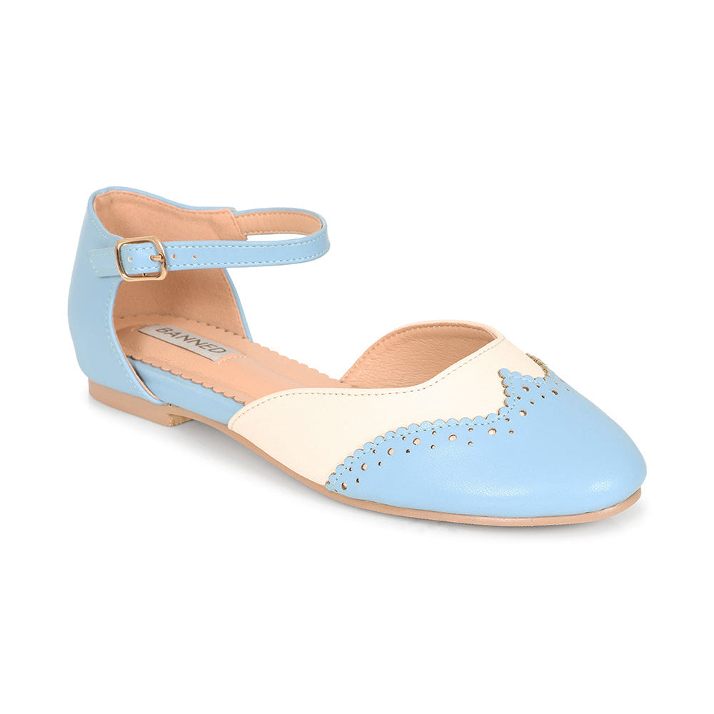 Two Tone Light Blue And White Brogue Closed Toe Flat Sandal