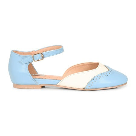 Two Tone Light Blue And White Brogue Closed Toe Flat Sandal