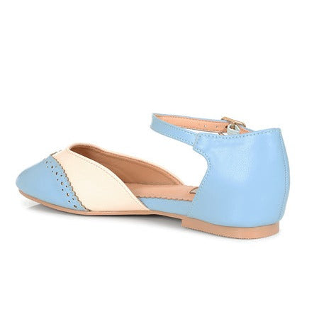 Two Tone Light Blue And White Brogue Closed Toe Flat Sandal