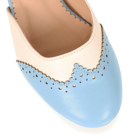 Two Tone Light Blue And White Brogue Closed Toe Flat Sandal