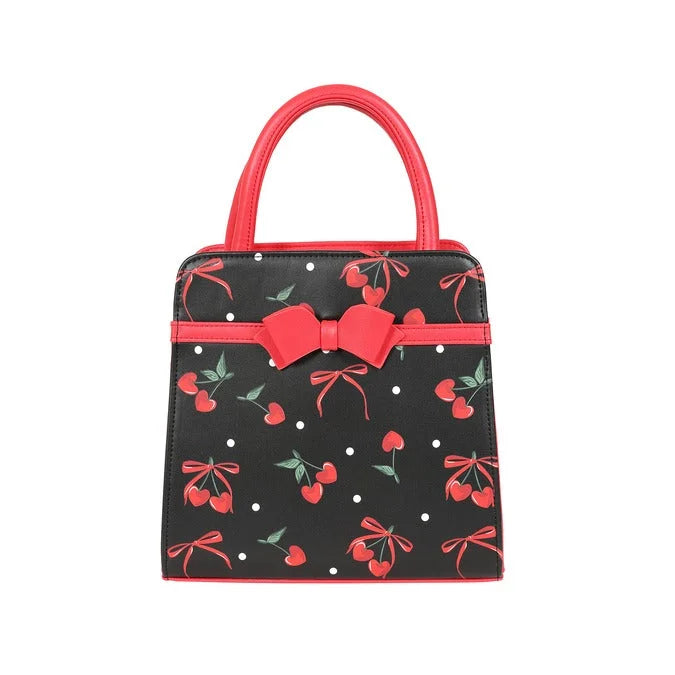 Black And Red Cherry Handbag with Red Bow Detail