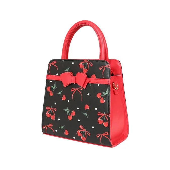 Black And Red Cherry Handbag with Red Bow Detail