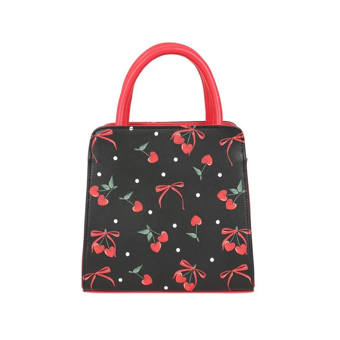 Black And Red Cherry Handbag with Red Bow Detail