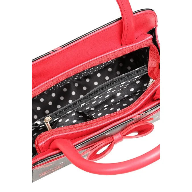Black And Red Cherry Handbag with Red Bow Detail