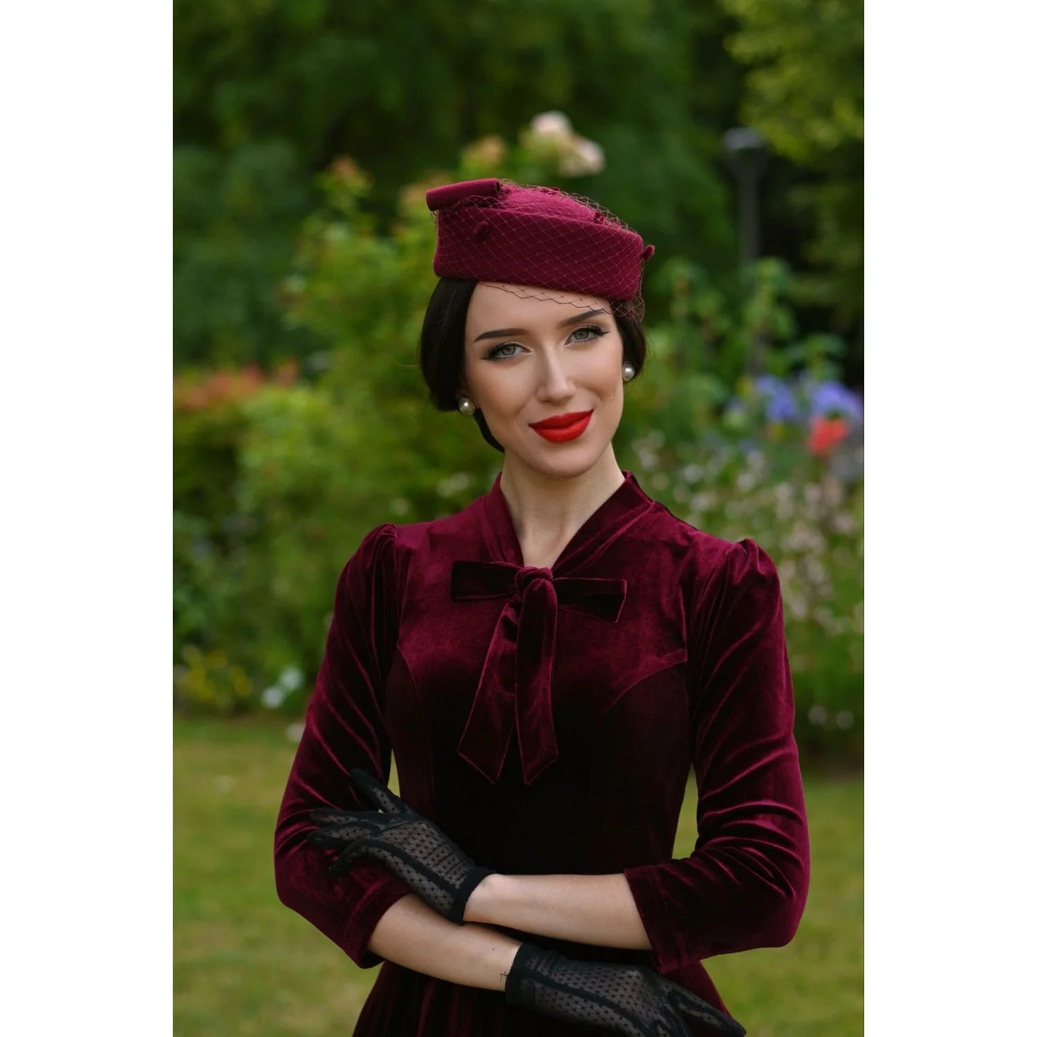 Claret Burgundy Velvet 3/4 Sleeve Swing Dress