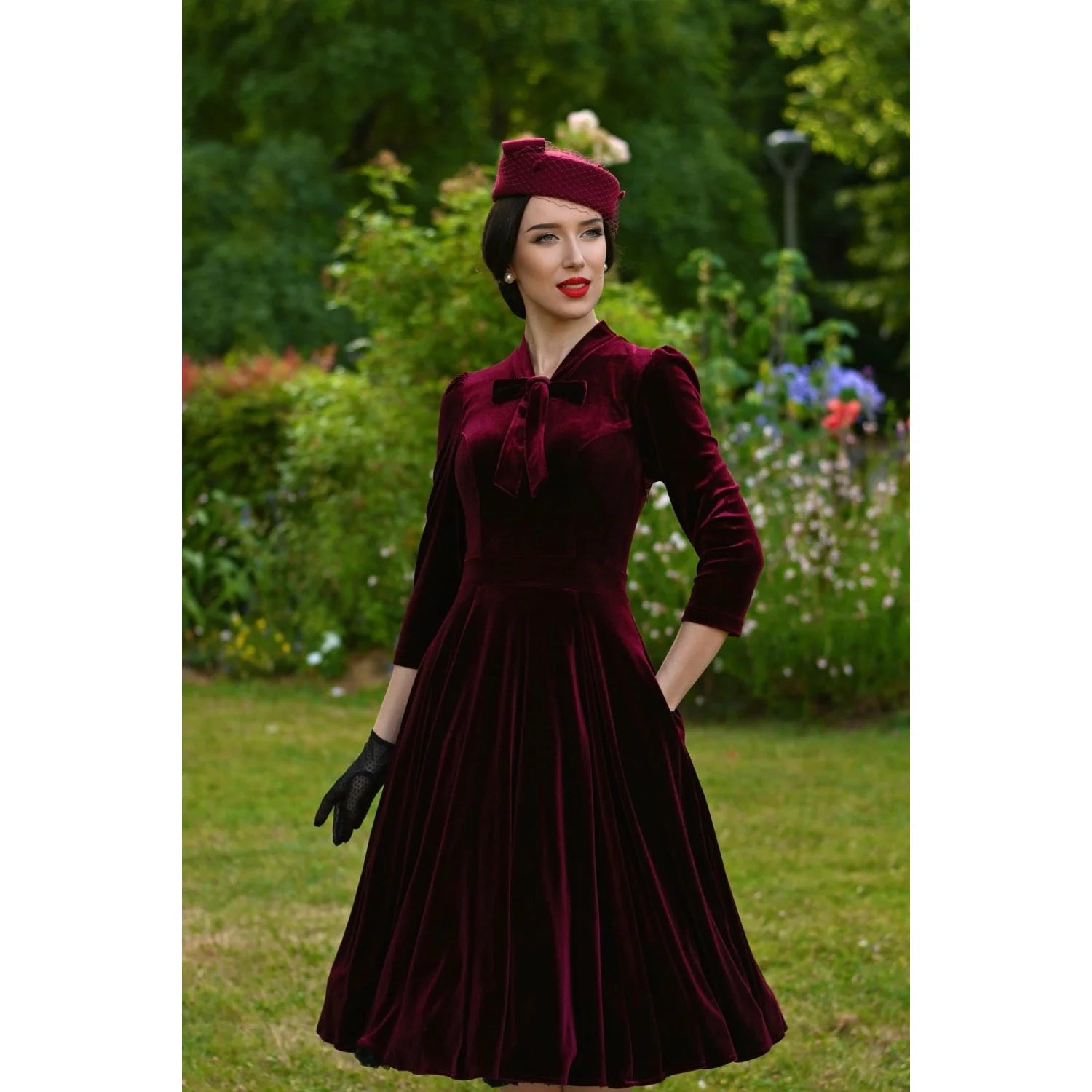 Claret Burgundy Velvet 3/4 Sleeve Swing Dress