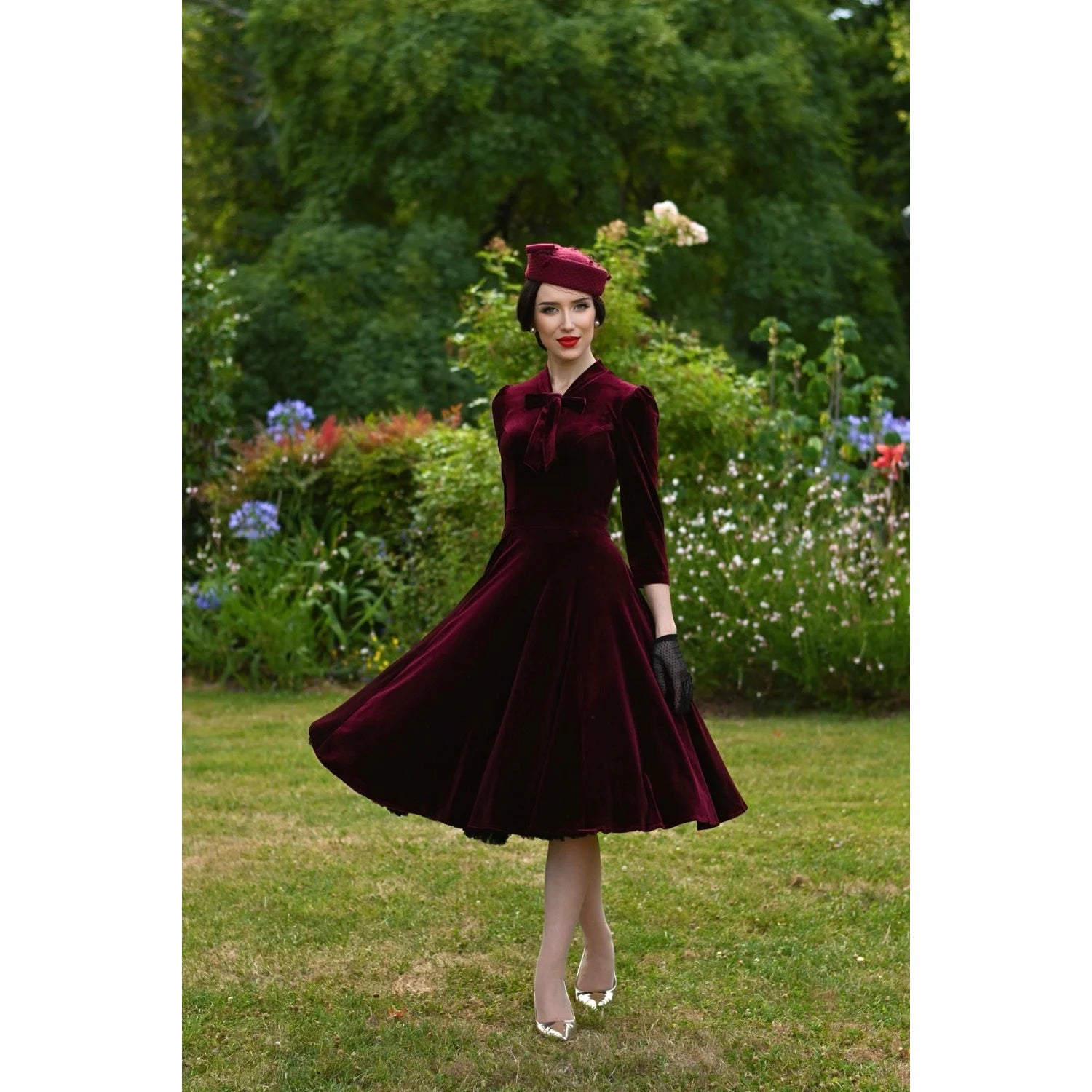 Claret Burgundy Velvet 3/4 Sleeve Swing Dress
