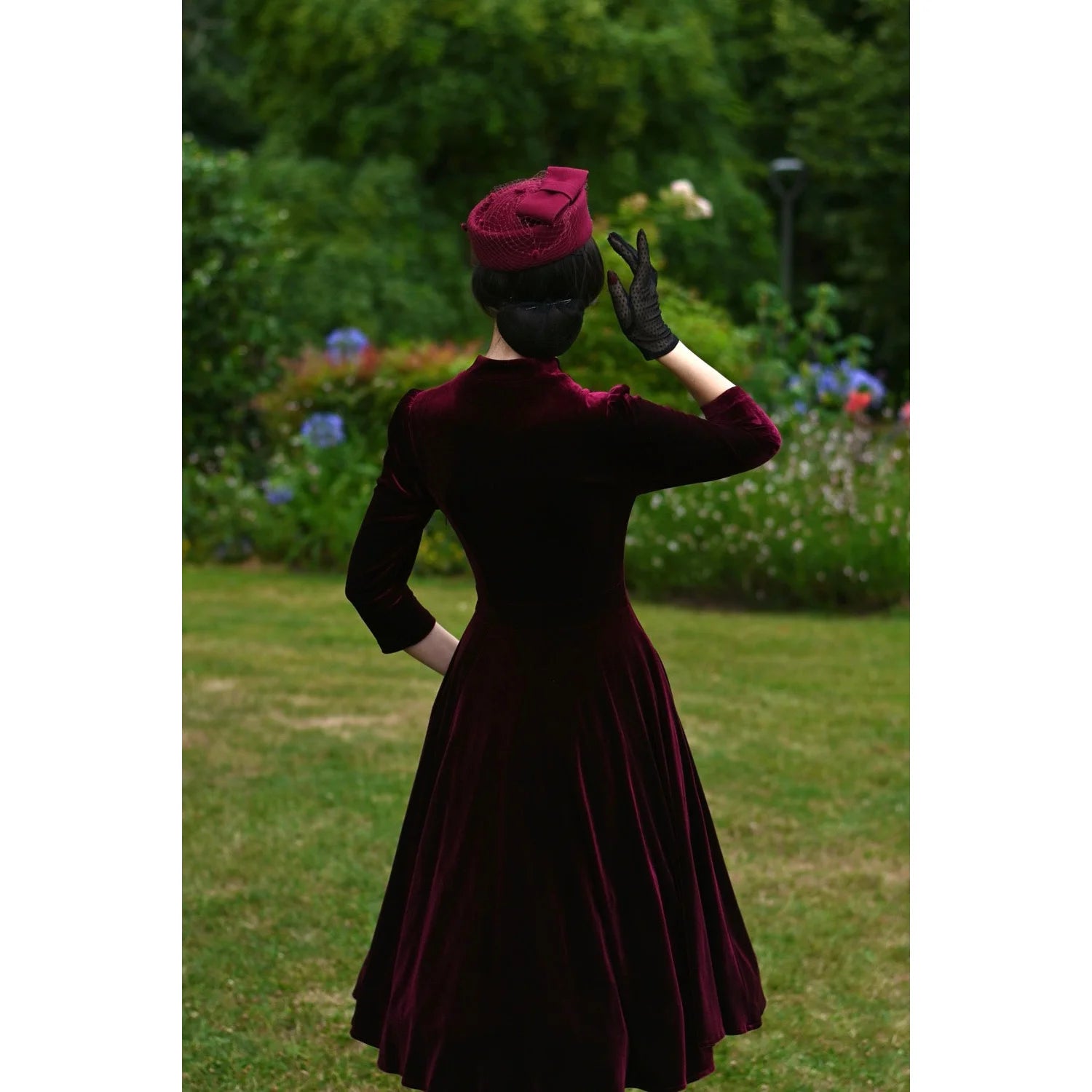 Claret Burgundy Velvet 3/4 Sleeve Swing Dress