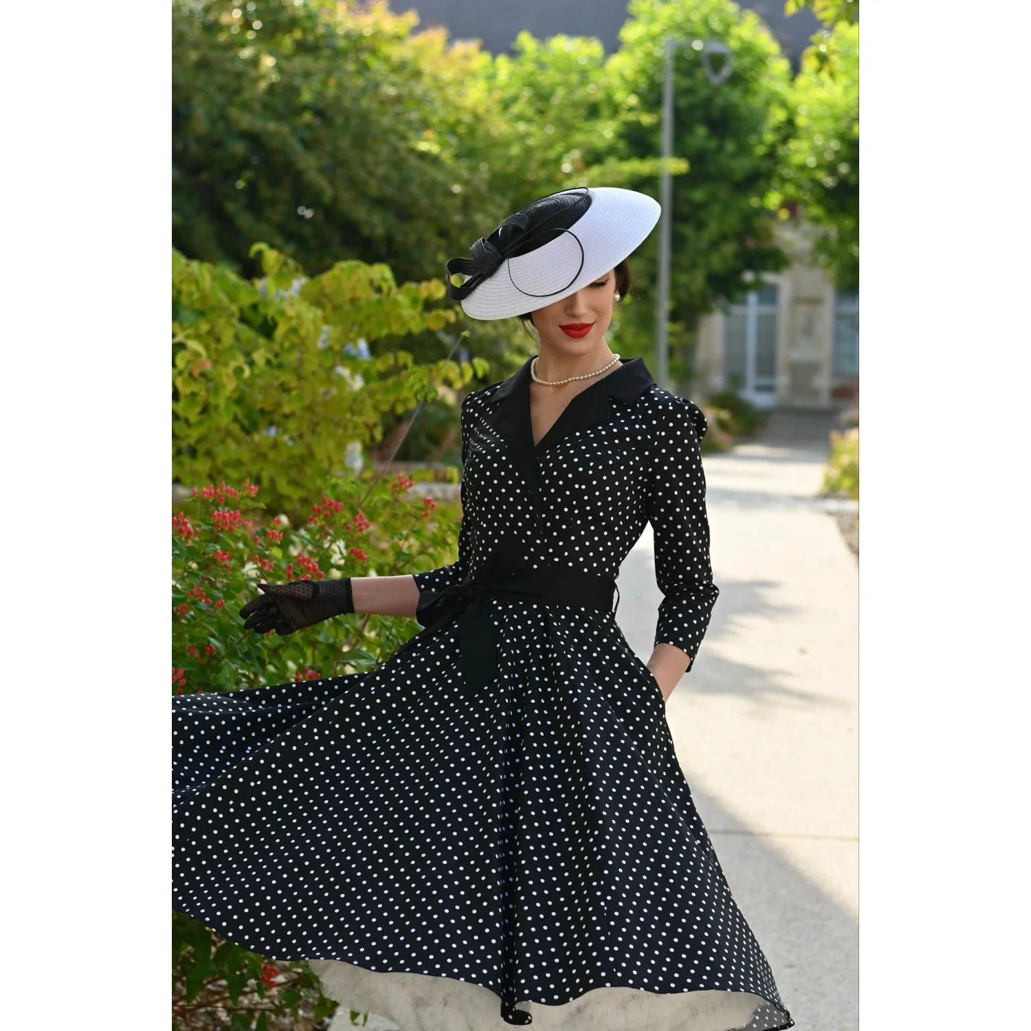 Black And White Polka Dot 3/4 Sleeve Swing Tea Dress