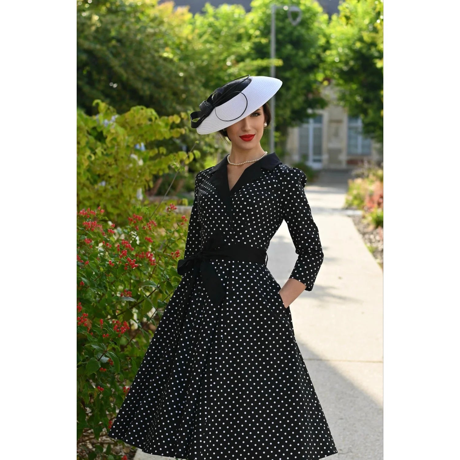 Black And White Polka Dot 3/4 Sleeve Swing Tea Dress