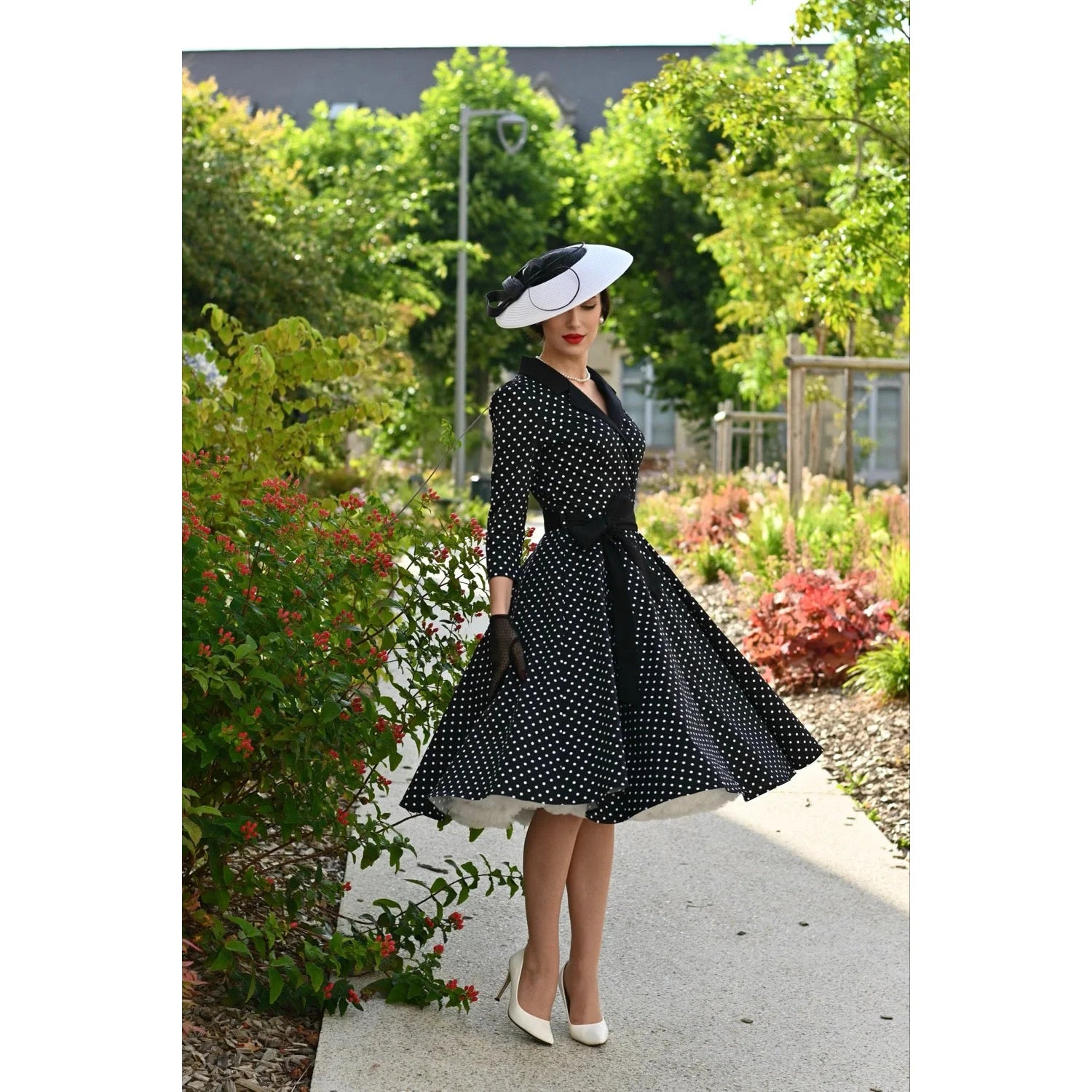 Black And White Polka Dot 3/4 Sleeve Swing Tea Dress