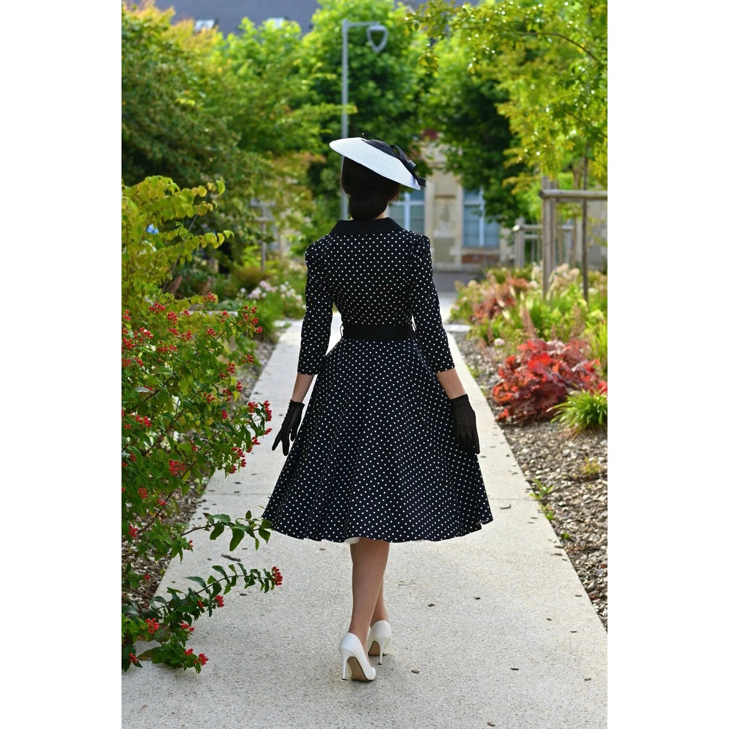 Black And White Polka Dot 3/4 Sleeve Swing Tea Dress