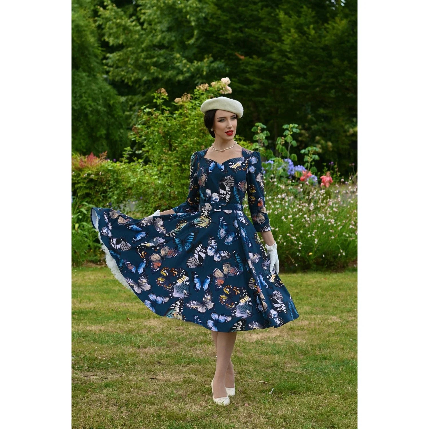 Navy Butterfly Print 1950s Swing Dress with 3/4 Sleeves And Pockets