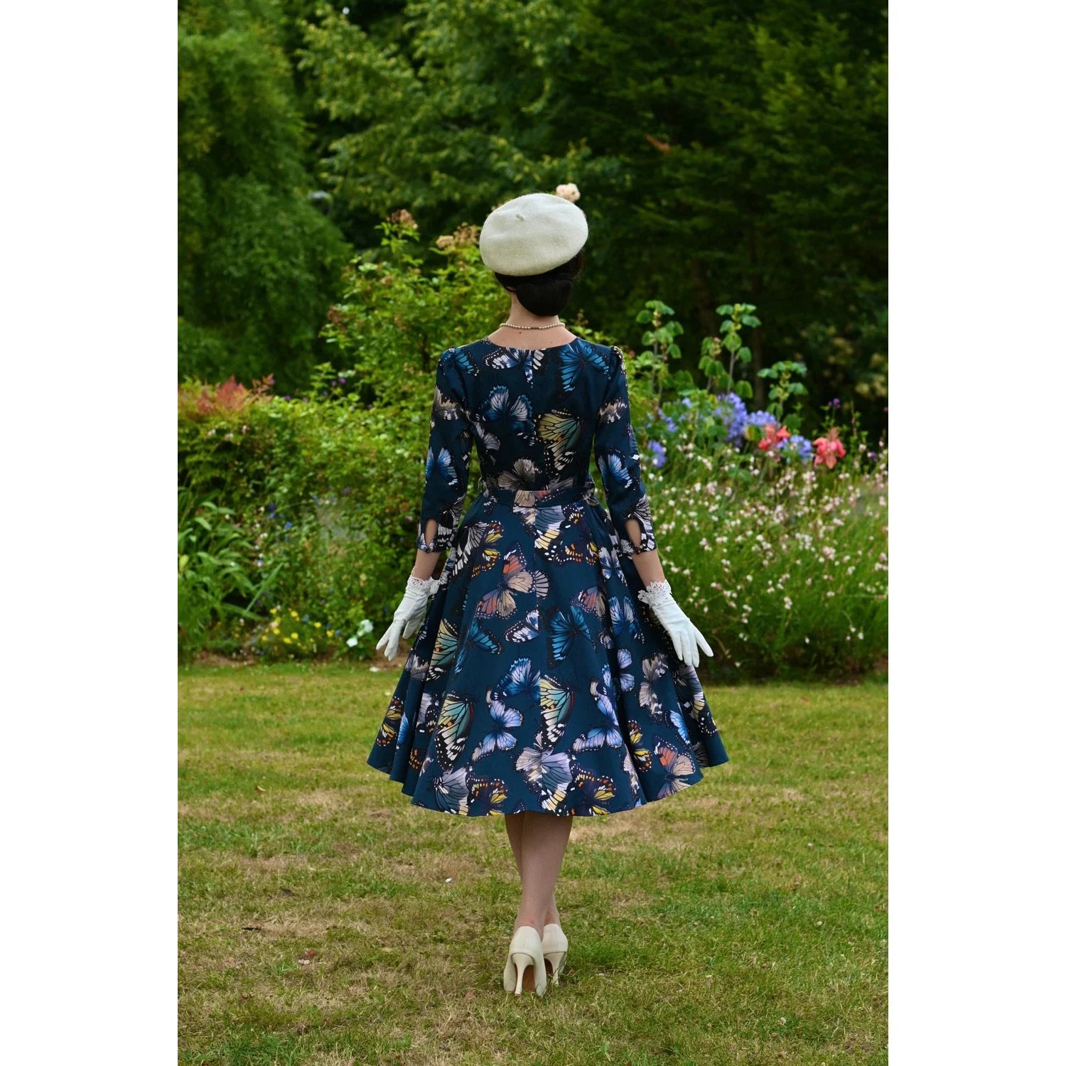 Navy Butterfly Print 1950s Swing Dress with 3/4 Sleeves And Pockets