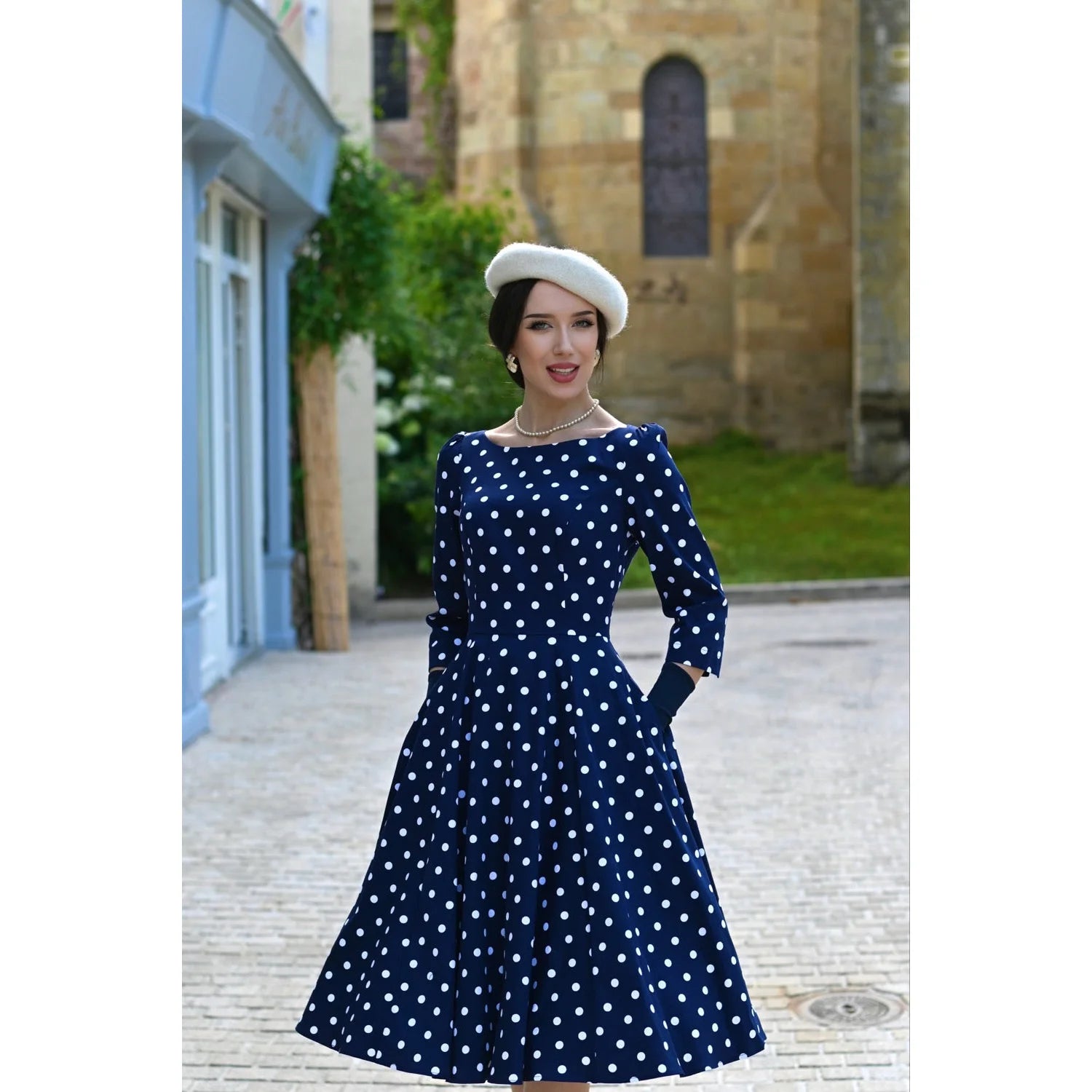 Blue And White Polka Dot Vintage 50s 3/4 Sleeve Swing Tea Dress
