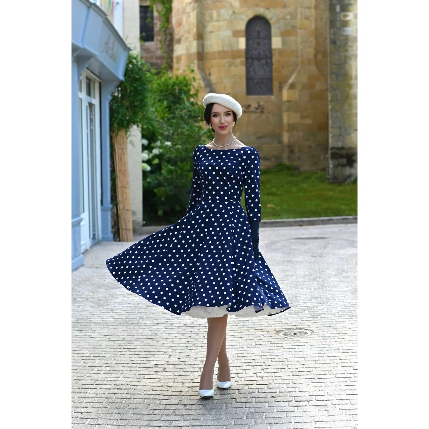 Blue And White Polka Dot Vintage 50s 3/4 Sleeve Swing Tea Dress