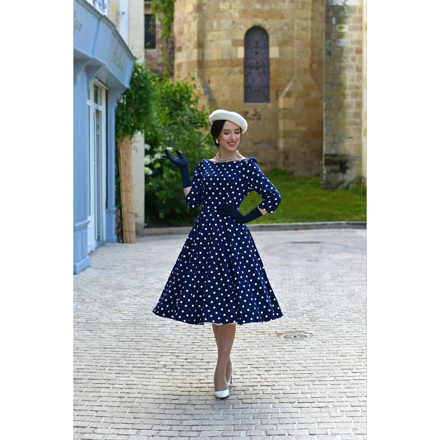 Blue And White Polka Dot Vintage 50s 3/4 Sleeve Swing Tea Dress