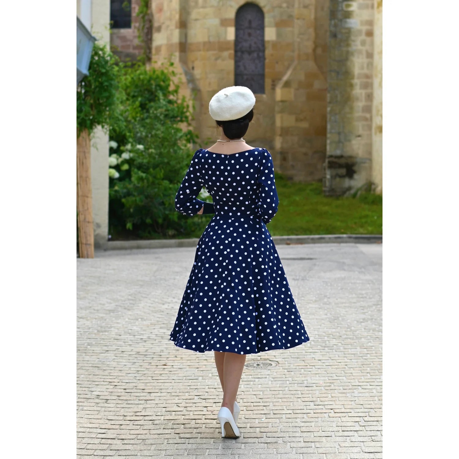 Blue And White Polka Dot Vintage 50s 3/4 Sleeve Swing Tea Dress