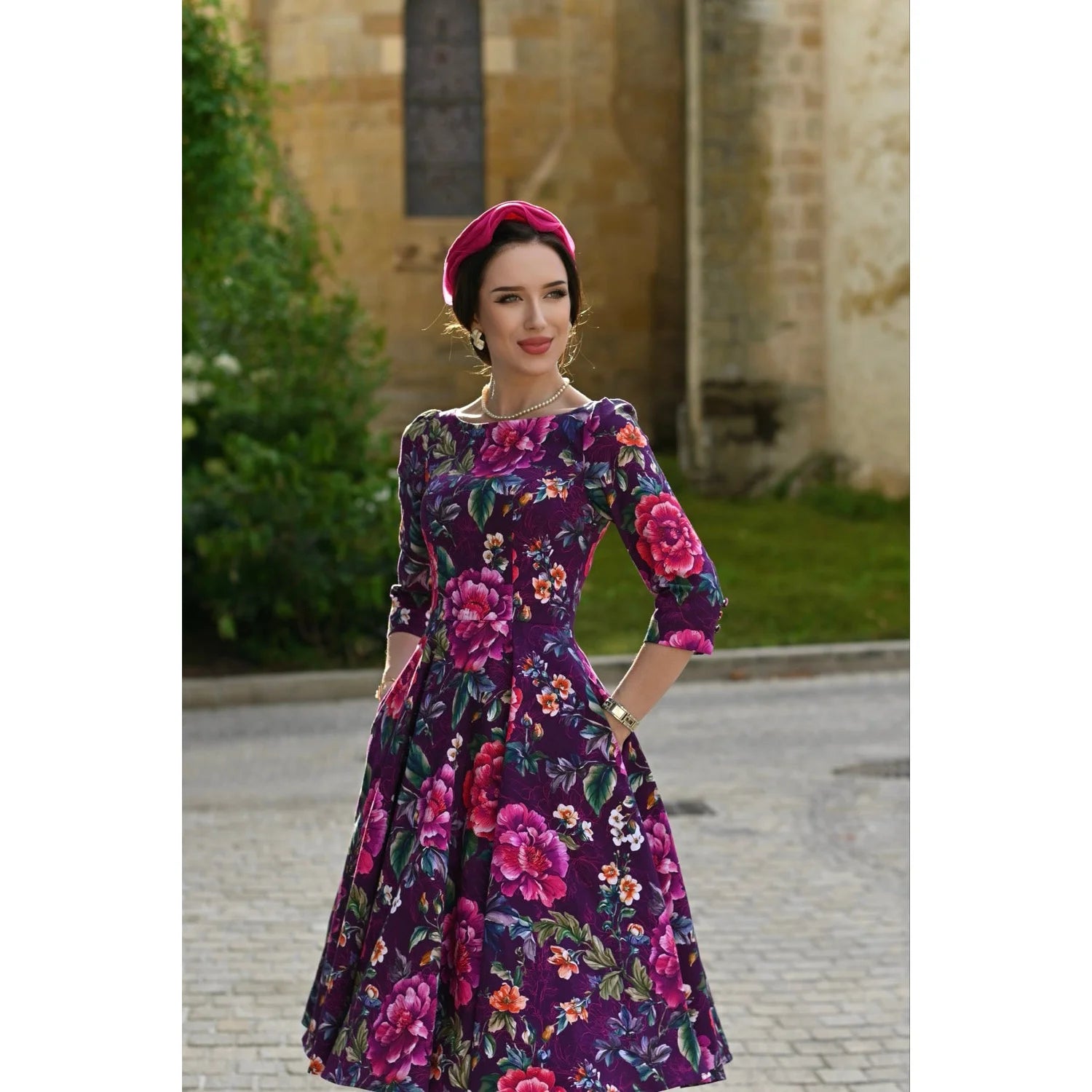 Burgundy Multi Floral Print 3/4 Sleeve Boat Neckline 50s Swing Dress With Pockets