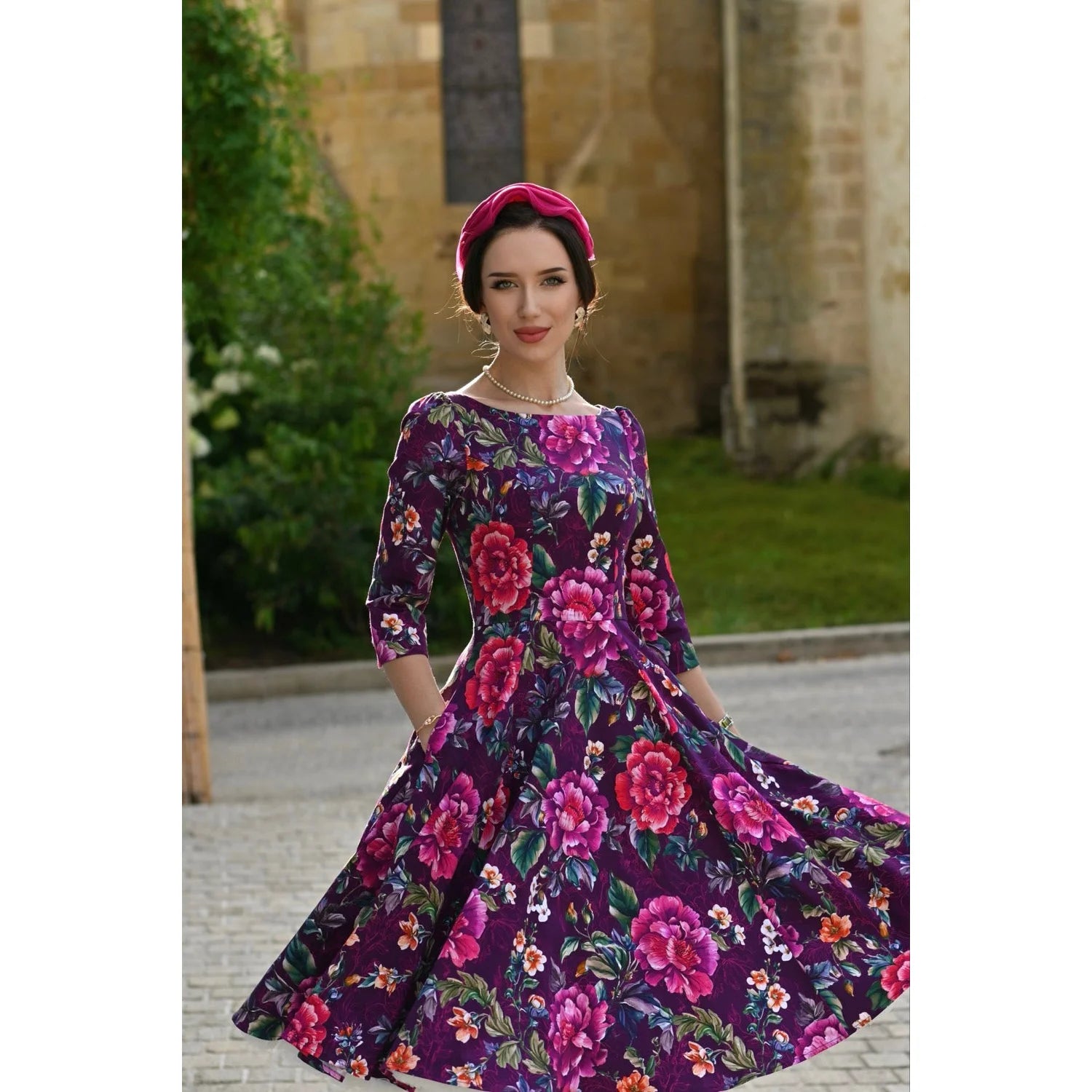 Burgundy Multi Floral Print 3/4 Sleeve Boat Neckline 50s Swing Dress With Pockets