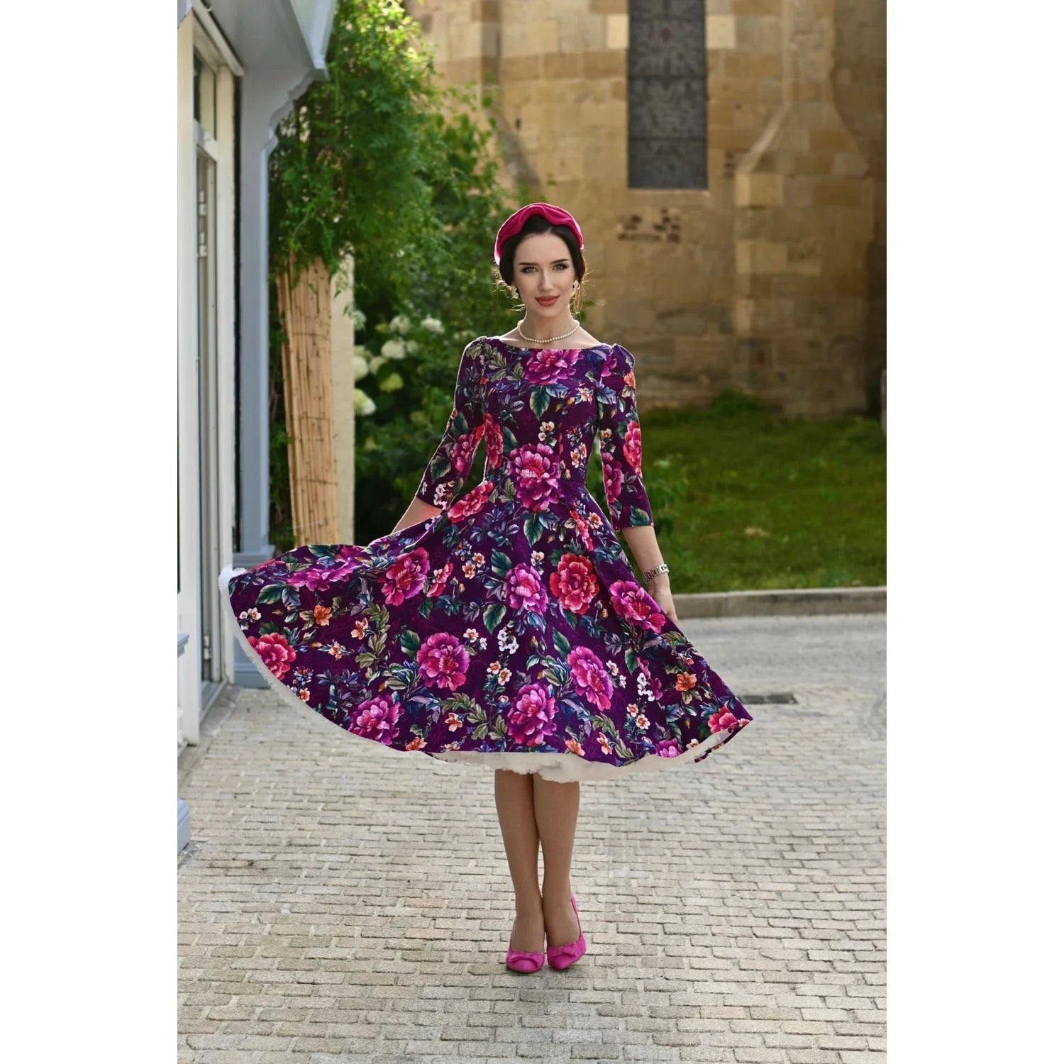 Burgundy Multi Floral Print 3/4 Sleeve Boat Neckline 50s Swing Dress With Pockets