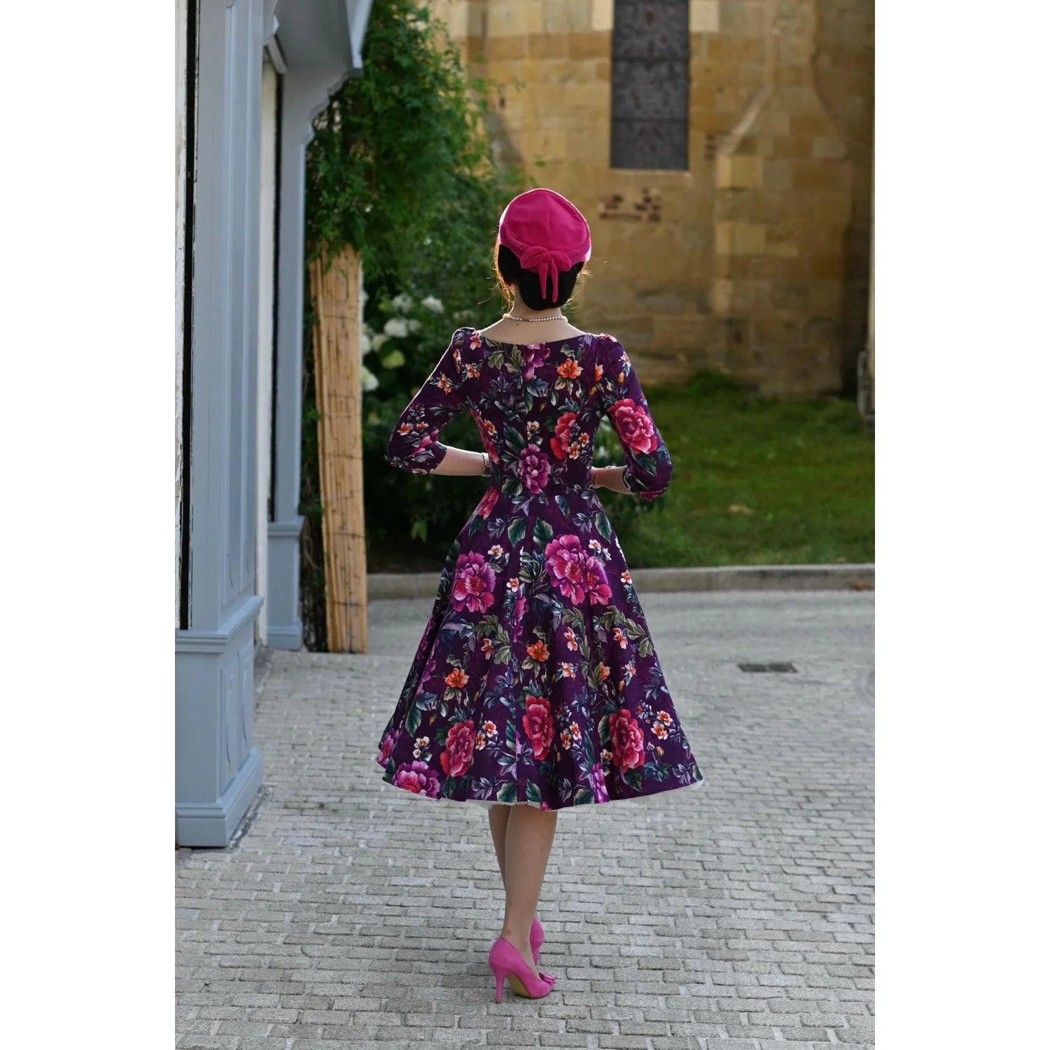 Burgundy Multi Floral Print 3/4 Sleeve Boat Neckline 50s Swing Dress With Pockets
