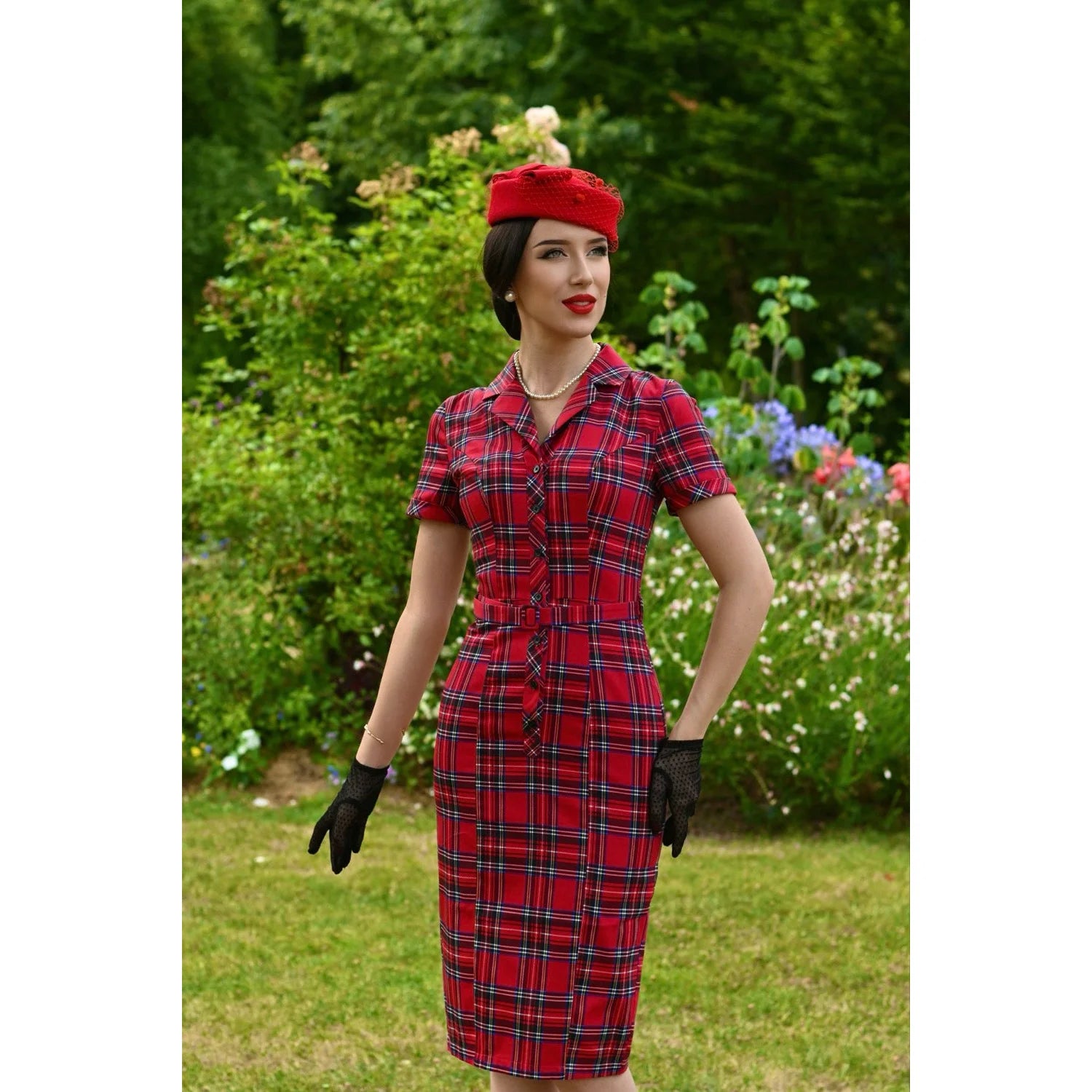 Red Highland Tartan Check Short Sleeve Wiggle Pencil Dress