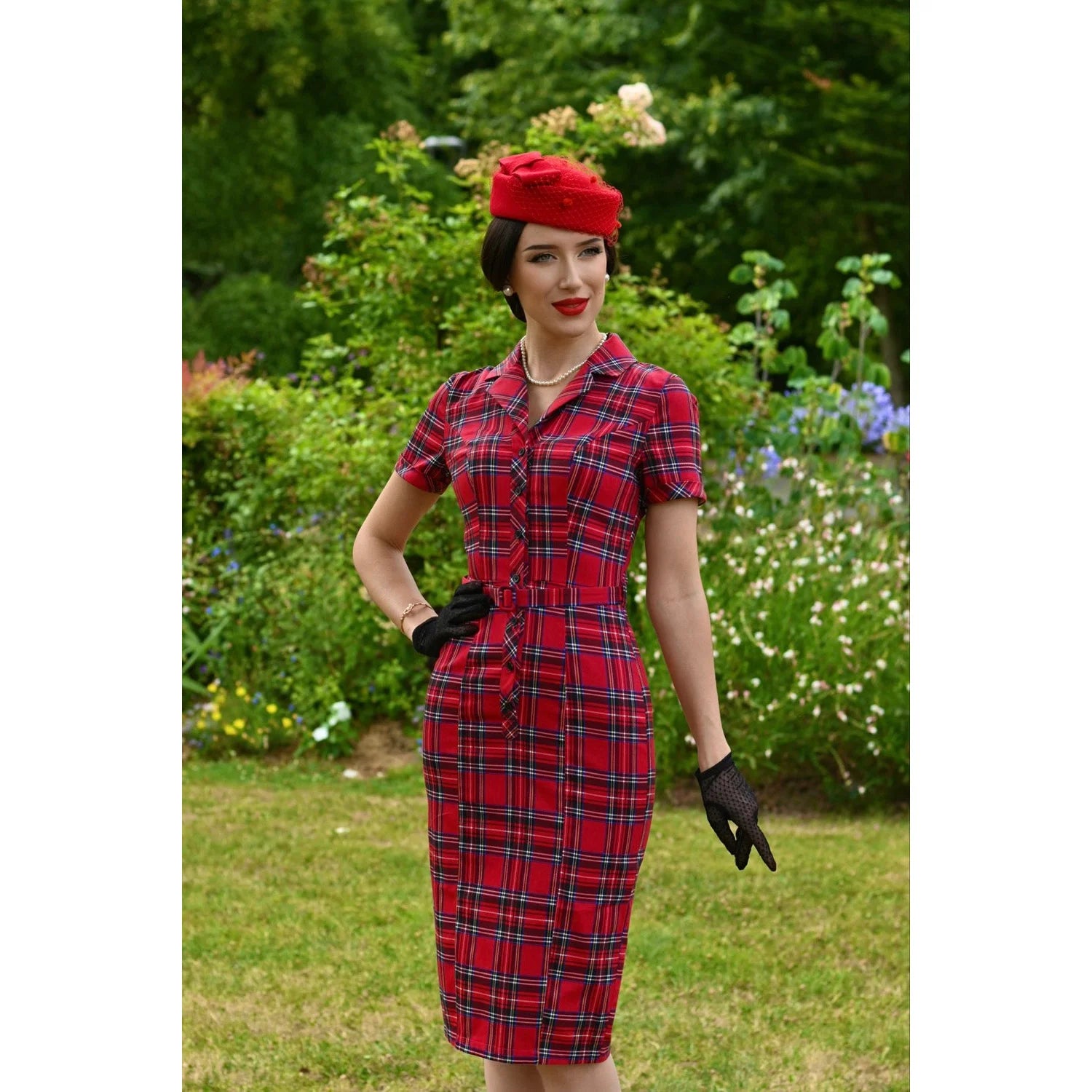 Red Highland Tartan Check Short Sleeve Wiggle Pencil Dress