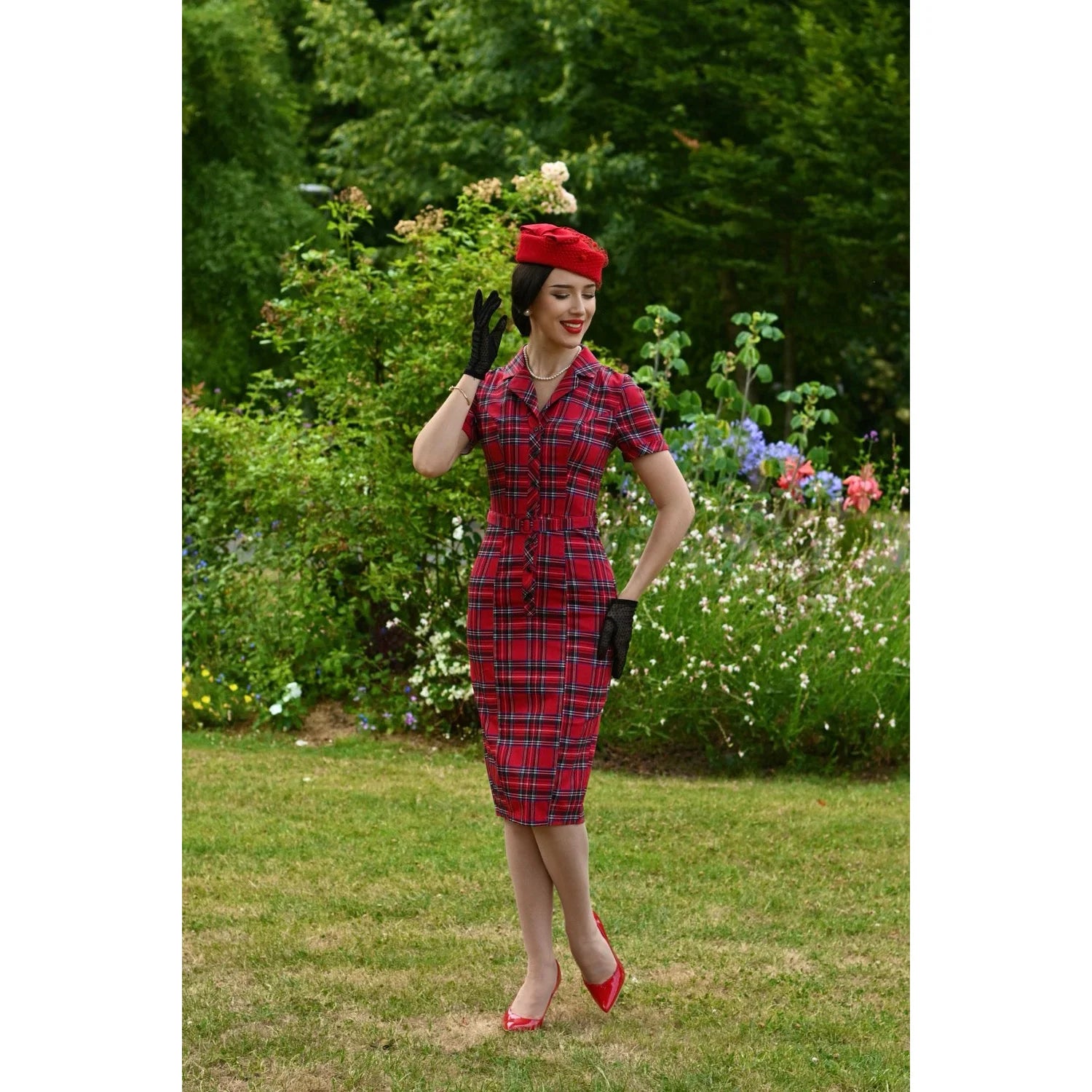 Red Highland Tartan Check Short Sleeve Wiggle Pencil Dress